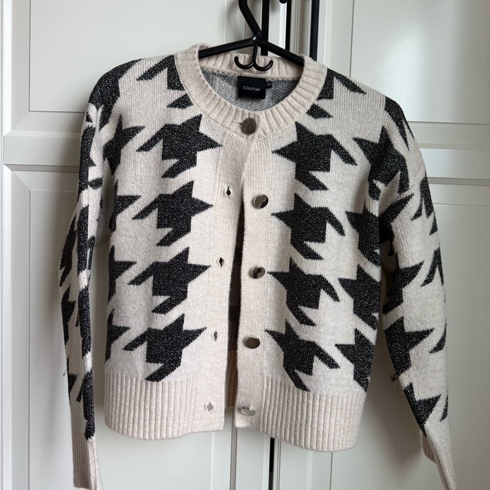 Cliche Wool Blend Houndstooth Cardigan. XS.